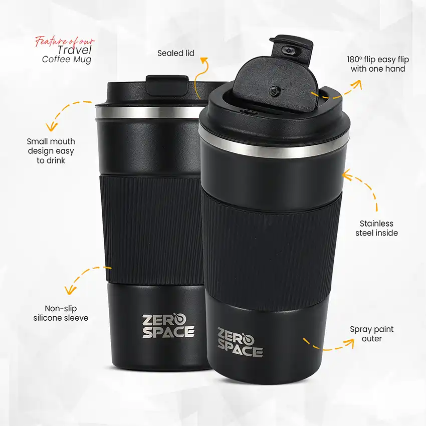 Travel Coffee Mug Black Pakistan — 500ml Stainless Steel Leakproof | ZeroSpace
