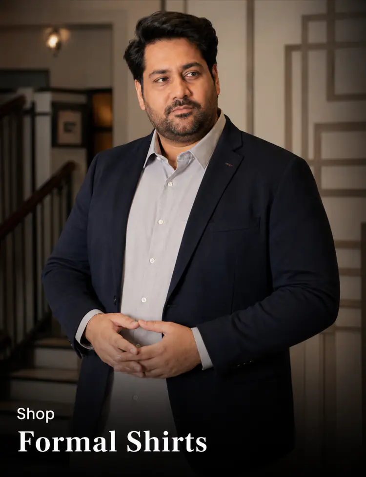 Plus size formal shirts for men in Pakistan - OutfitPlus model in navy blazer and shirt