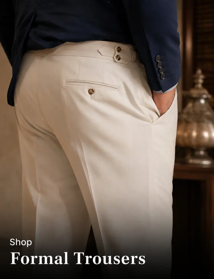 Plus size formal trousers Pakistan - close-up of pleated waistband fit on a heavyset man