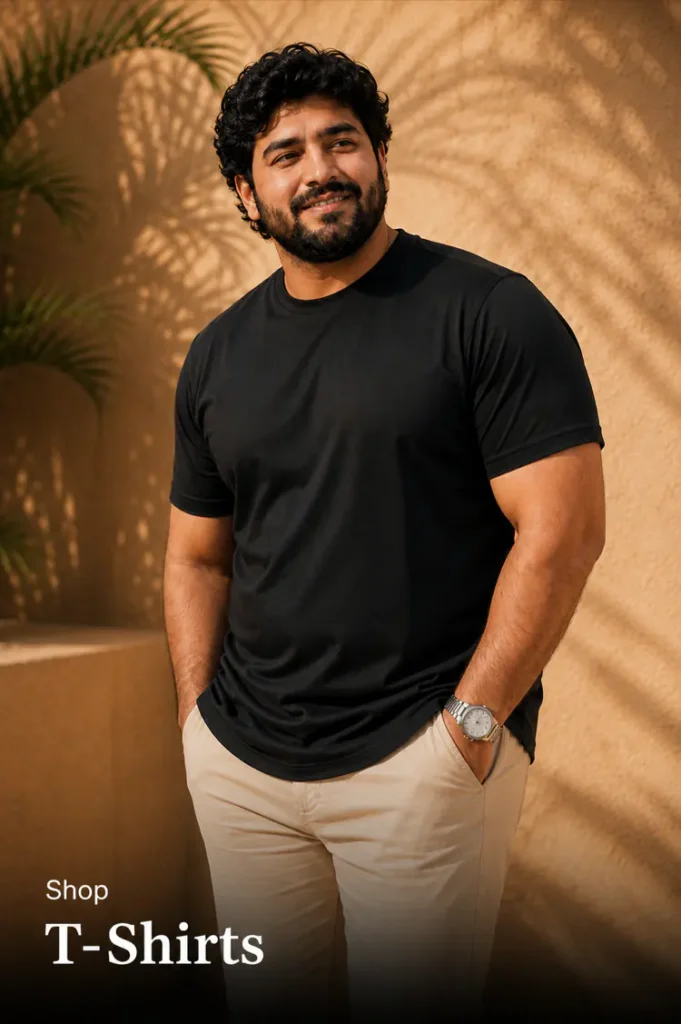 Big size t-shirts for men Pakistan - model in black crew neck t-shirt with khaki pants outdoors