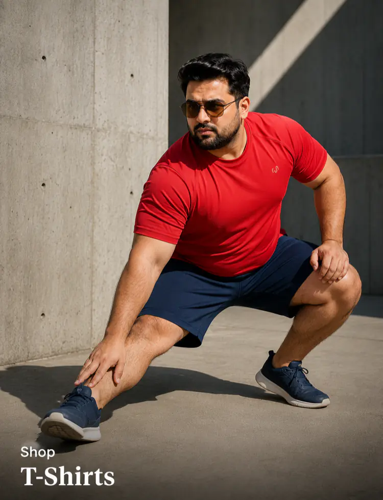 Plus size activewear t-shirts Pakistan - heavyset man in red sport t-shirt stretching outdoors