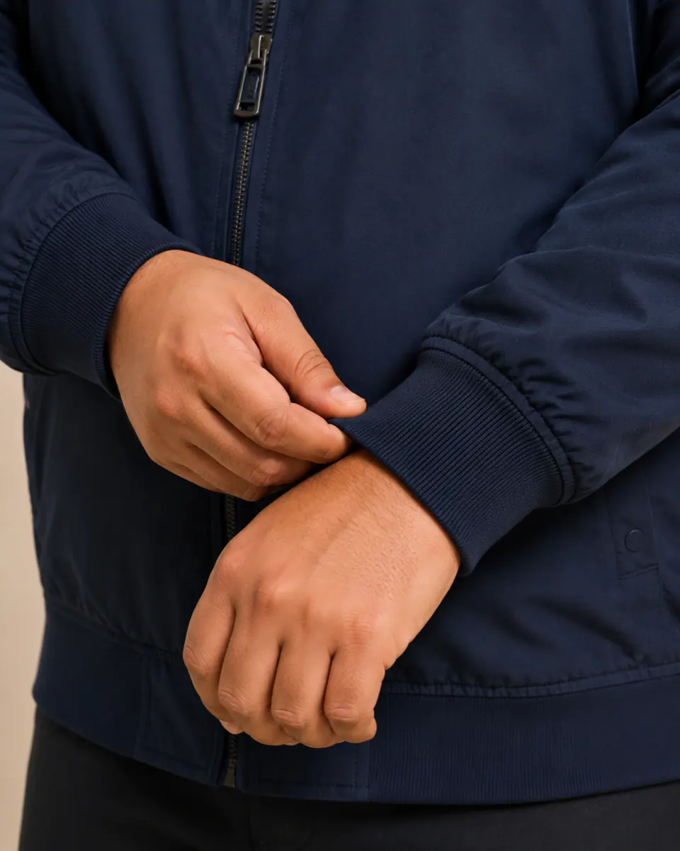 Plus size casual jacket close-up ribbed cuff and zip detail