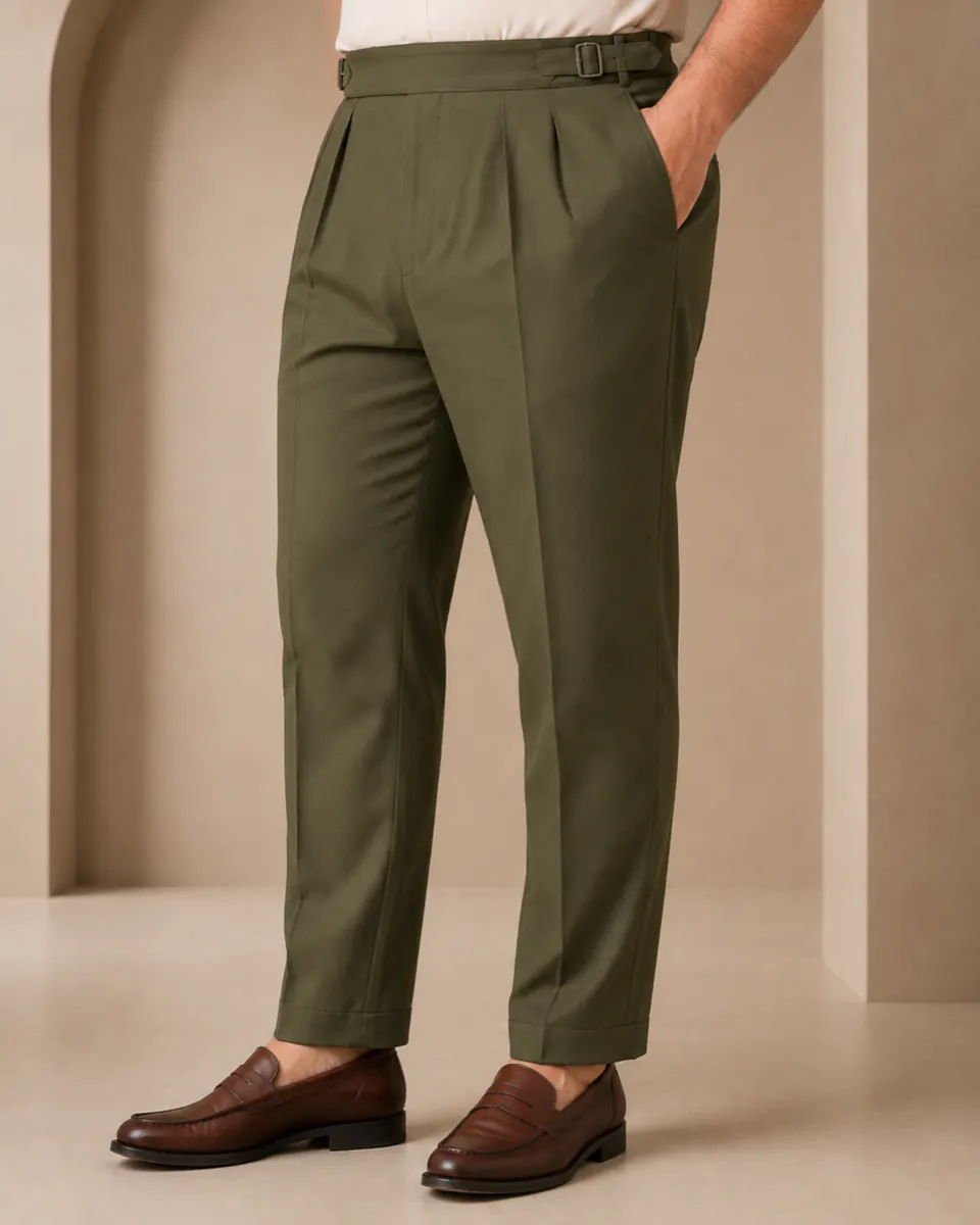 Plus size gurkha pants three-quarter angle waistband detail