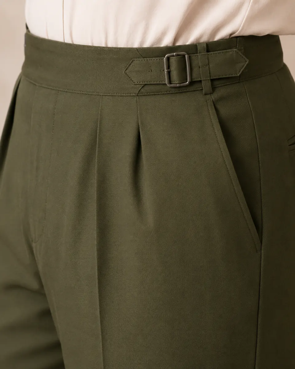 Plus size gurkha pants pleated waistband adjuster tabs close-up