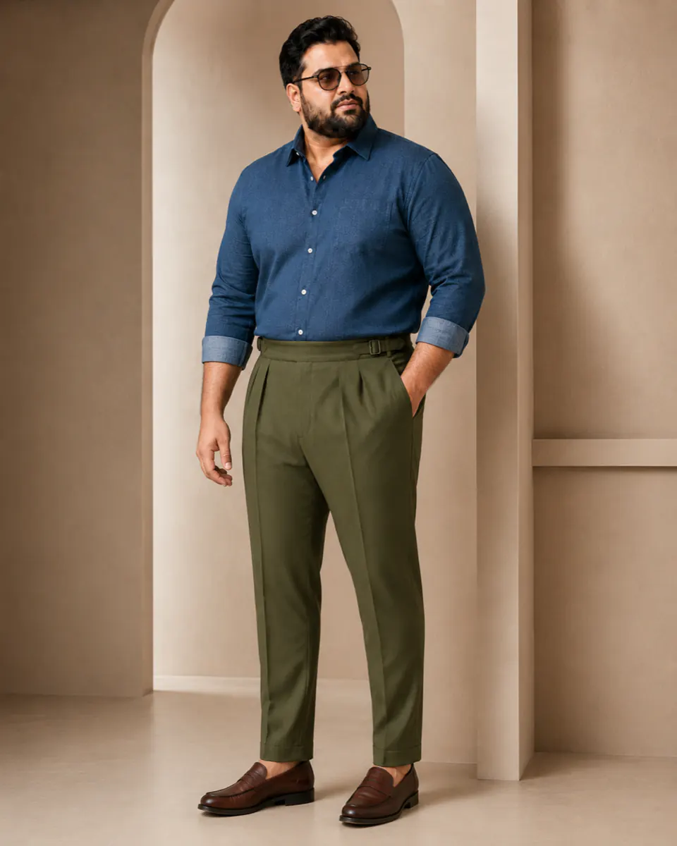 Plus size gurkha pants styled with shirt full outfit lifestyle