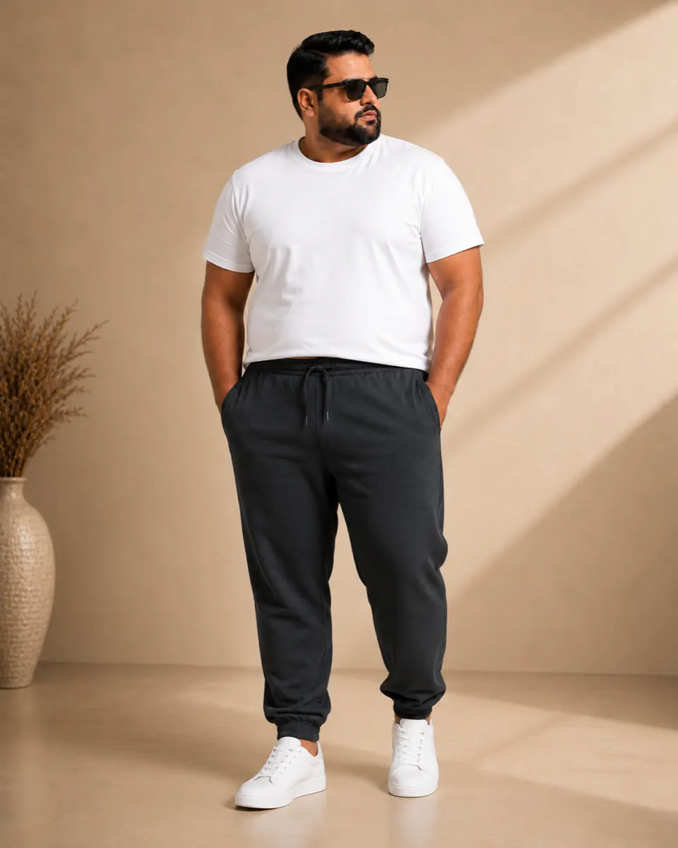 Plus size joggers laid flat full garment view