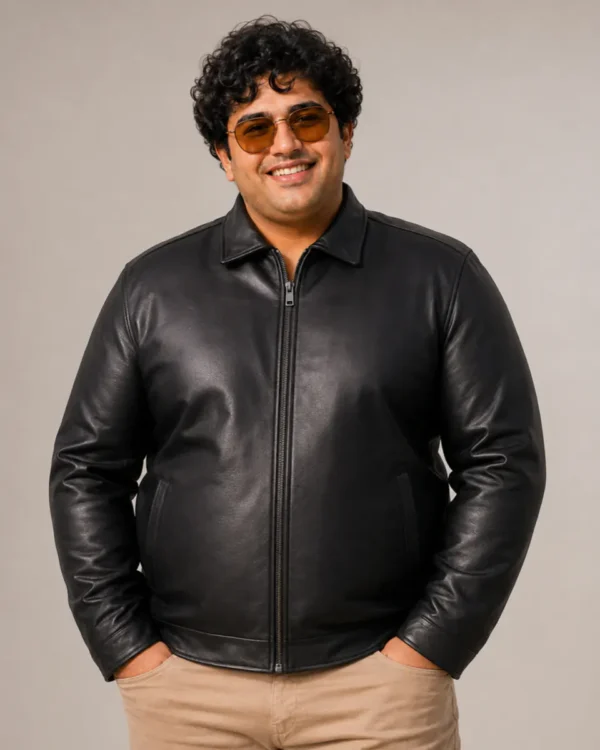 Plus size leather jacket men black front view Pakistan