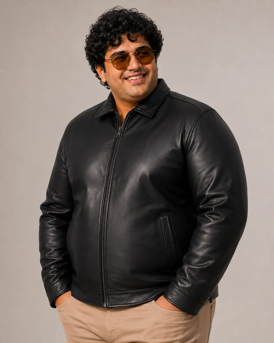 Plus size leather jacket three-quarter angle sleeve fit