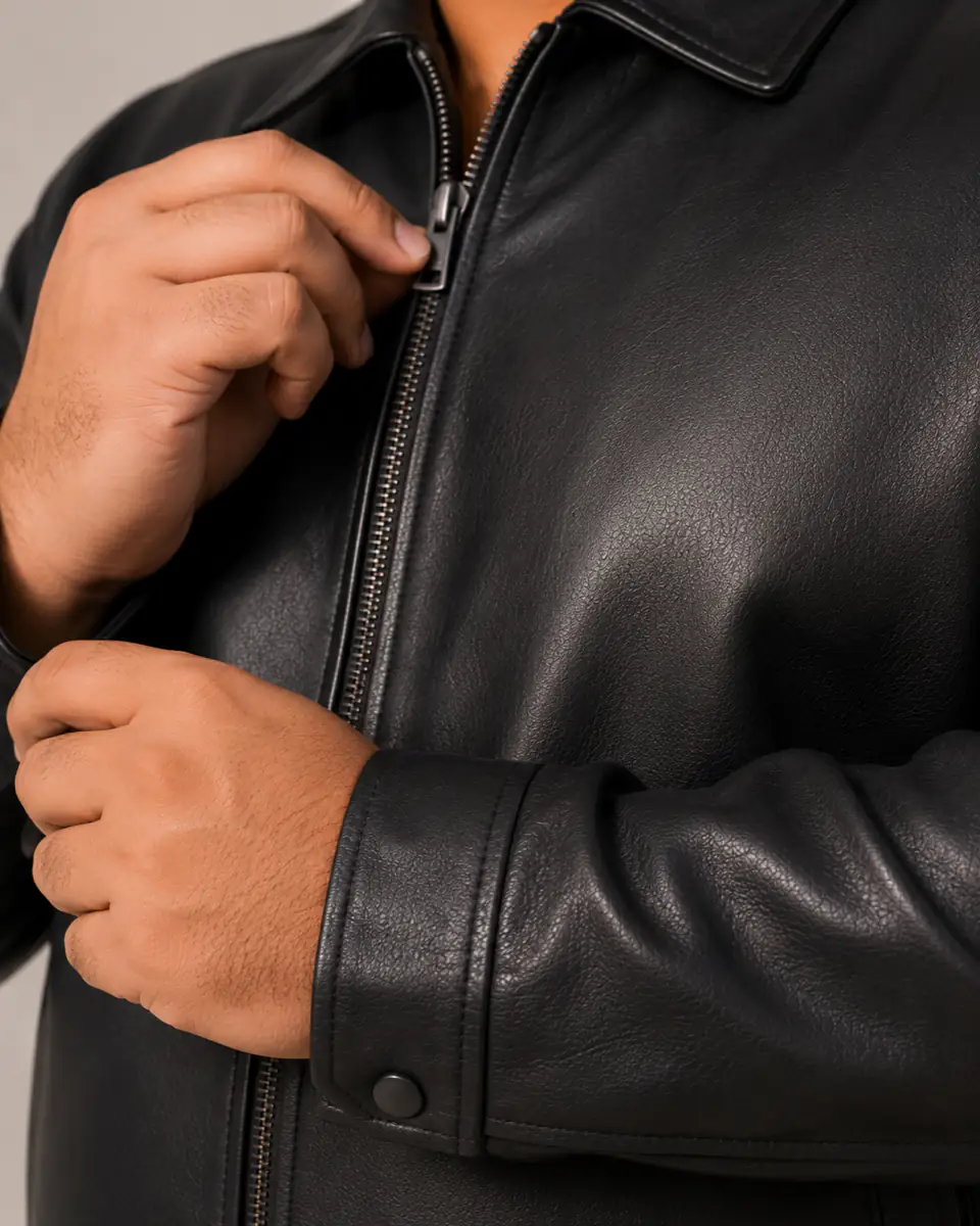 Plus size leather jacket zip cuff leather texture close-up