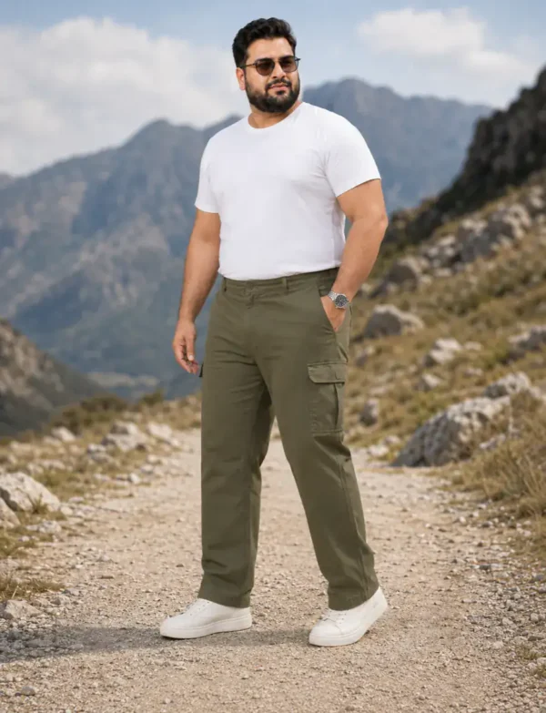 OutfitPlus XXXXL Plus Size Cargo Pants, worn front view - Plus Size Menswear Pakistan