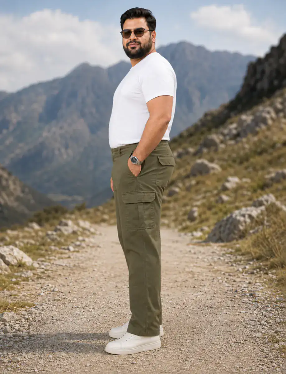 OutfitPlus XXXXL Plus Size Cargo Pants, worn at a three-quarter angle